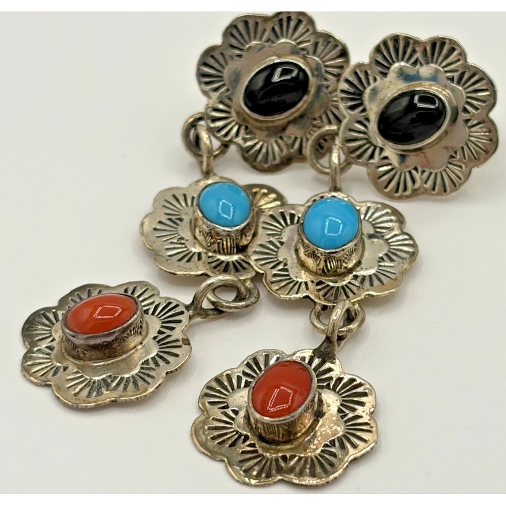Southwest Carolyn Pollack  Turquoise Coral Onyx 925 Sterling Drop Earrings
